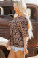 Brown Leopard Print V Neck Half Sleeve Oversized Tee