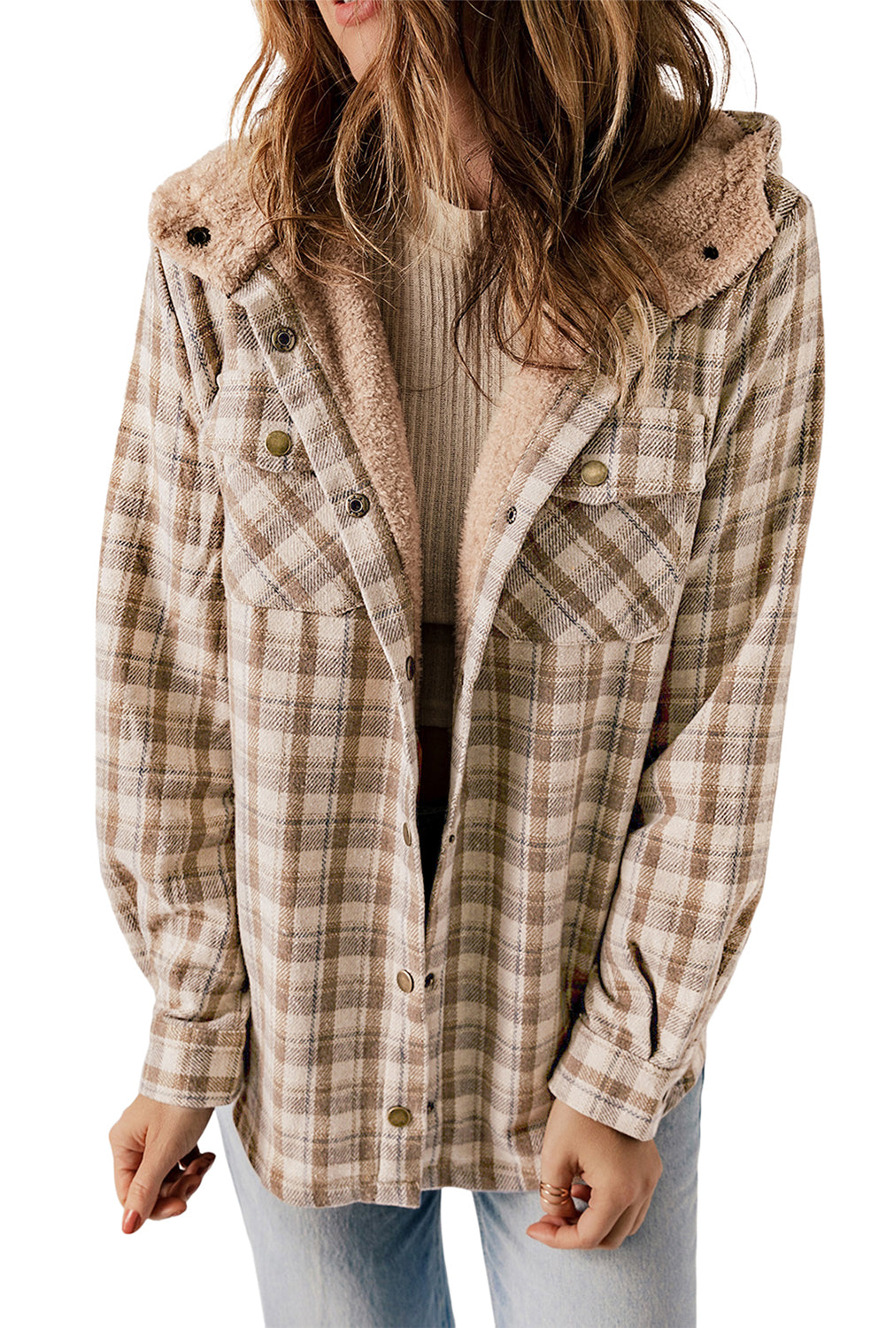 Khaki Plaid Sherpa Lined Hooded Shacket