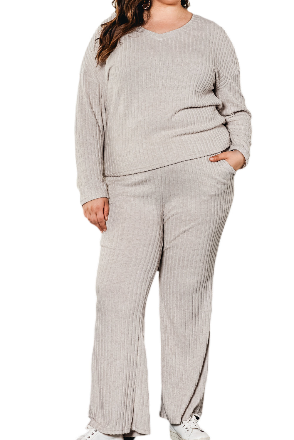 Plus Size Ribbed V Neck Pullover and Pants Set