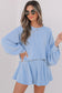 Dark Grey Corded Lantern Sleeve Top High Waist Ruffled Mini Skirt Set