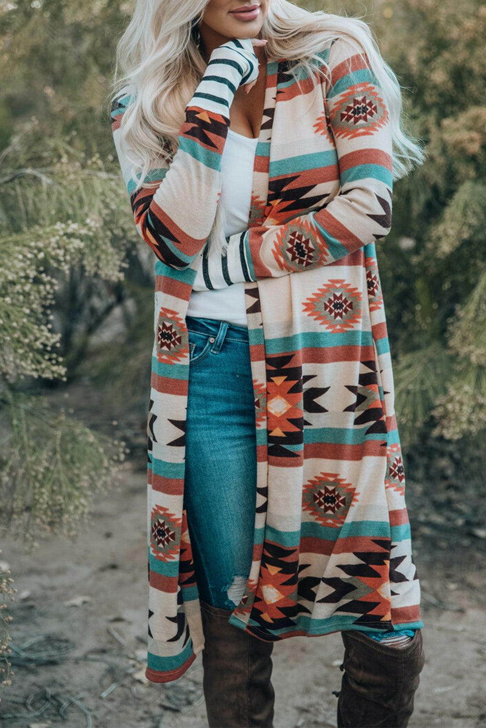 Aztec Print Open Front Long Cardigan