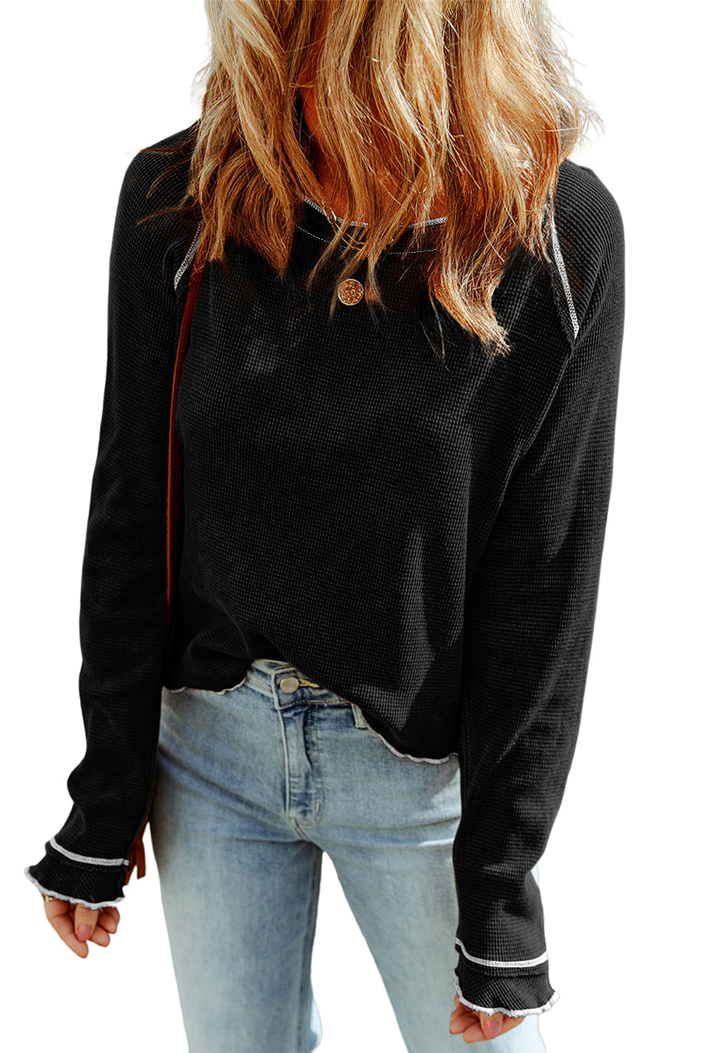 Gray Textured Round Neck Long Sleeve Top