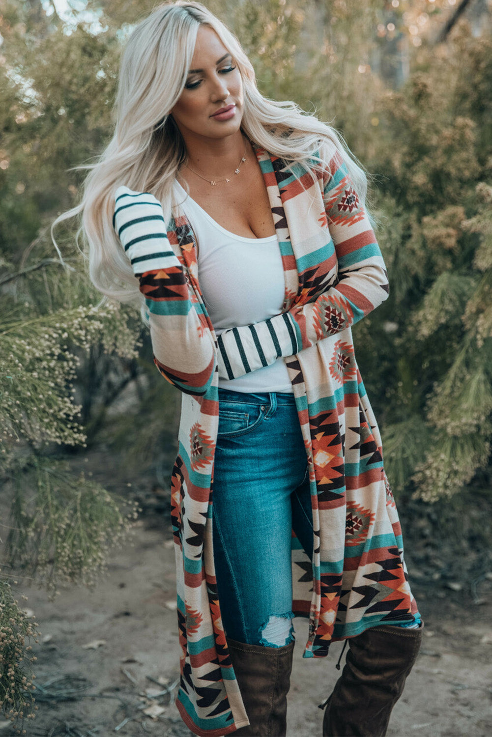 Aztec Print Open Front Long Cardigan