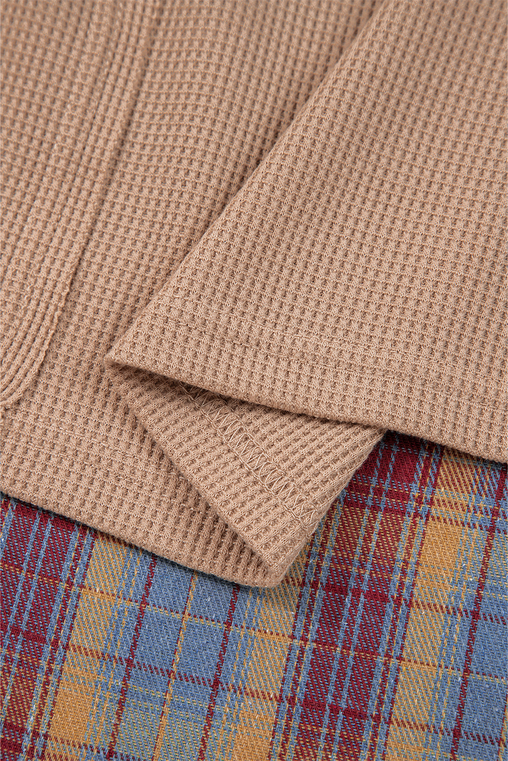 Beige Waffle Stripe Plaid Patchwork Henley Knit Top