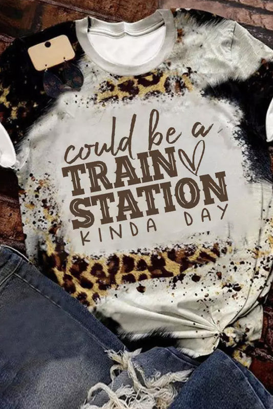 Brown TRAIN STATION Graphic Leopard Print T Shirt