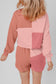 Peach Blossom Colorblock Patchwork Long Sleeve Shorts Outfit
