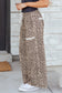 Khaki Animal Print Wide Leg Terry Knit Pants