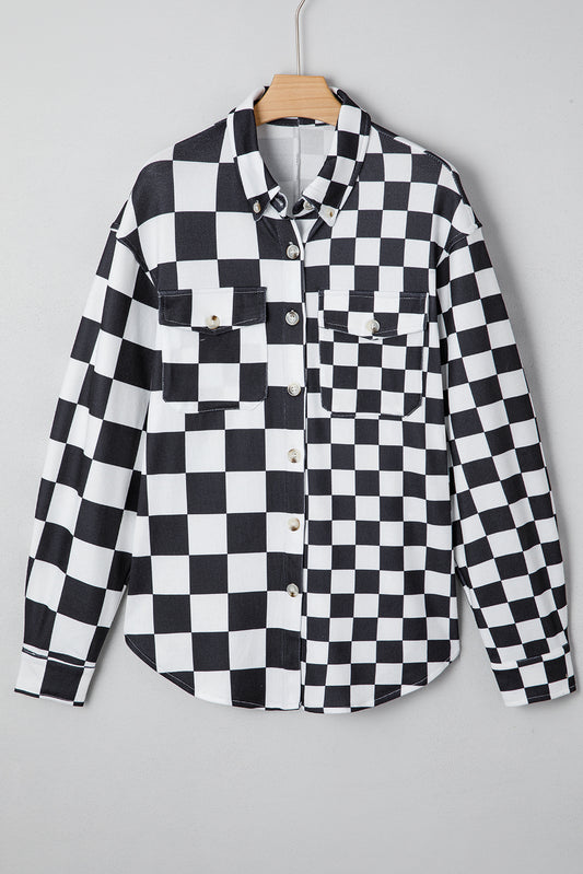 Green Checkerboard Flap Pocket Button Front Shacket