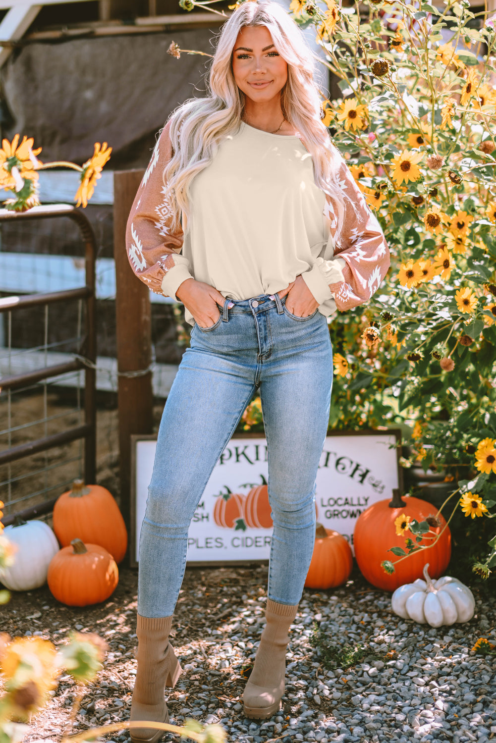 Apricot Western Print Long Sleeve Top