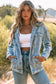 Sky Blue Button Closure Ripped Hooded Denim Jacket