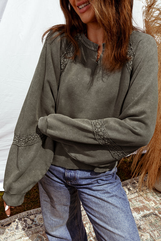 Sail Blue Lace Patchwork Detail Notched Neck Mineral Wash Baggy Sweatshirt