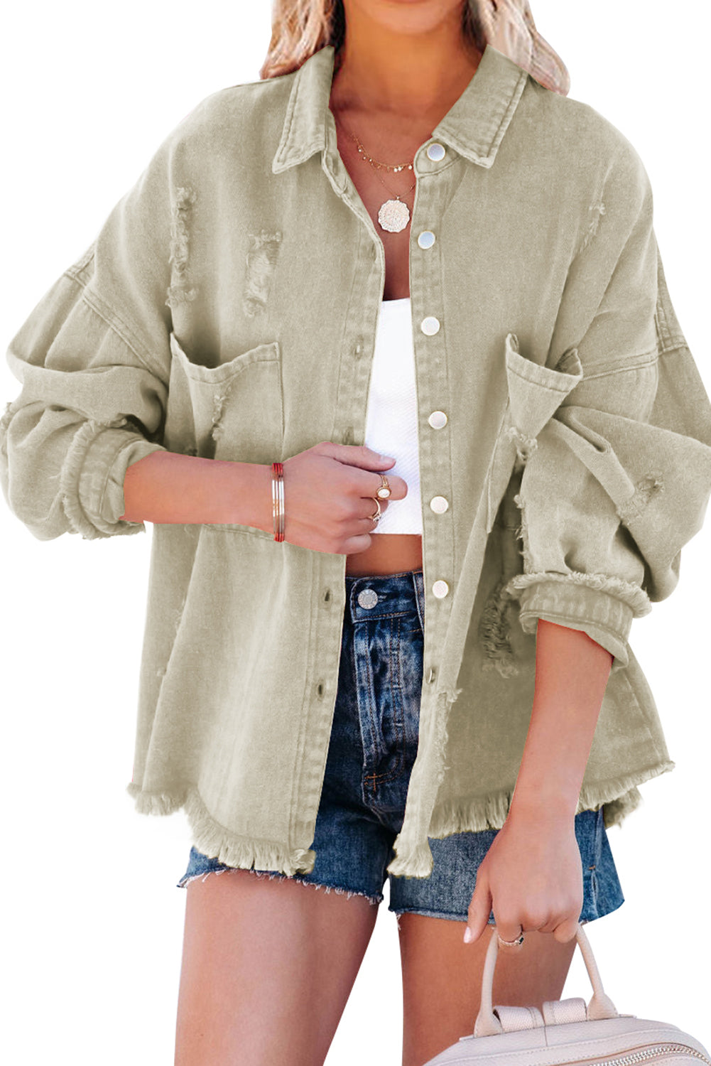 Green Distressed Fringe Trim Denim Jacket