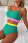 Sea Green Contrast Trim Colorblock Patchwork High Waisted Bikini