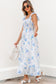 Sky Blue Floral Smocked High Waist Double Ruffle Sleeveless Long Dress