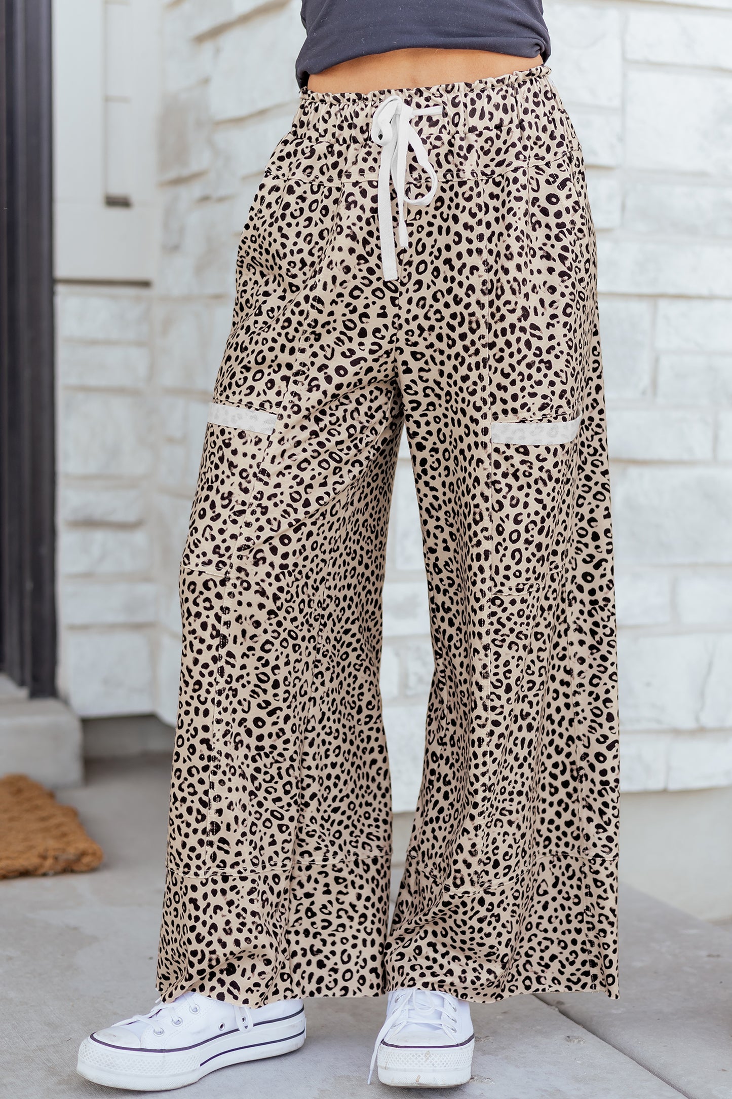 Khaki Animal Print Wide Leg Terry Knit Pants