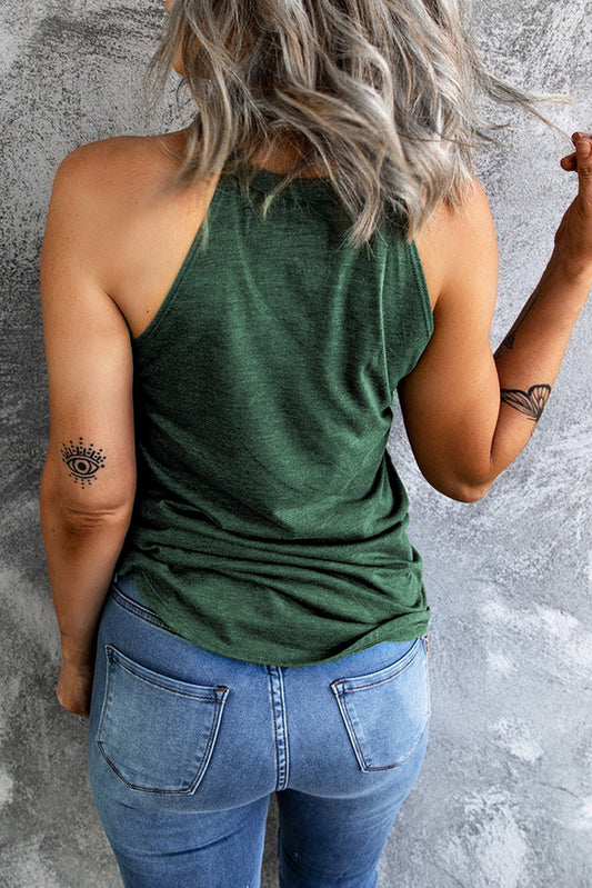 Solid Color Green Crew Neck Tank Top