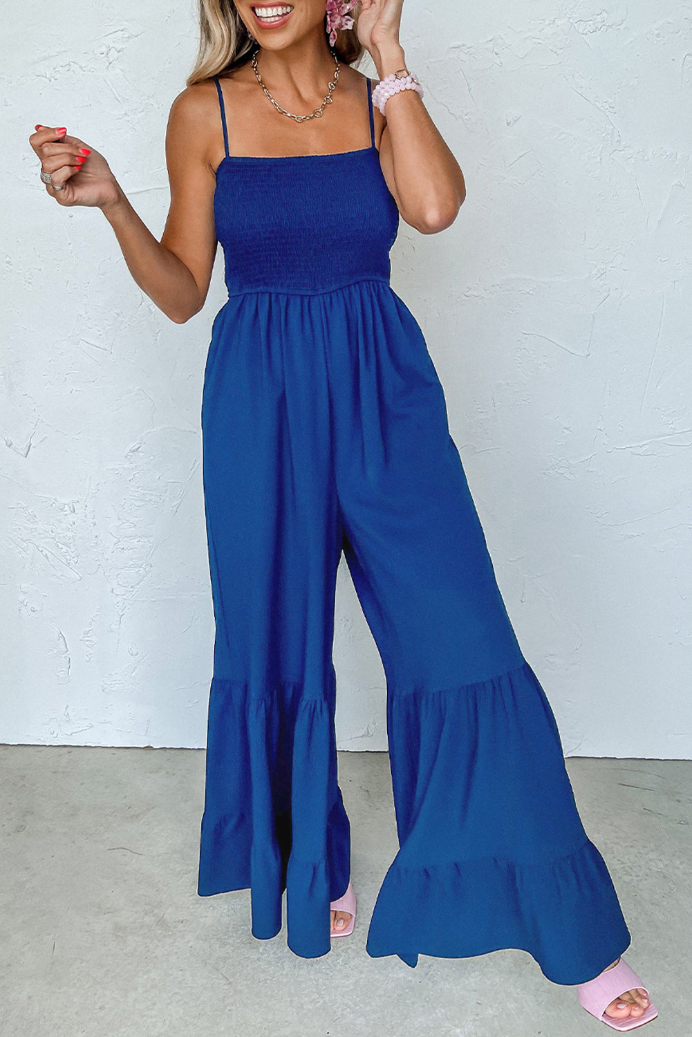 Blue Spaghetti Strap Smocked Ruffled Wide Leg Jumpsuit