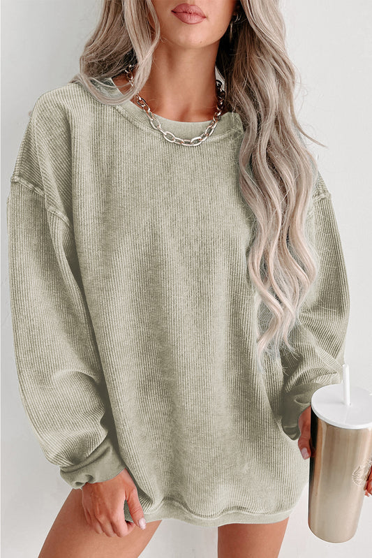 Green Ribbed Knit Pullover Sweatshirt