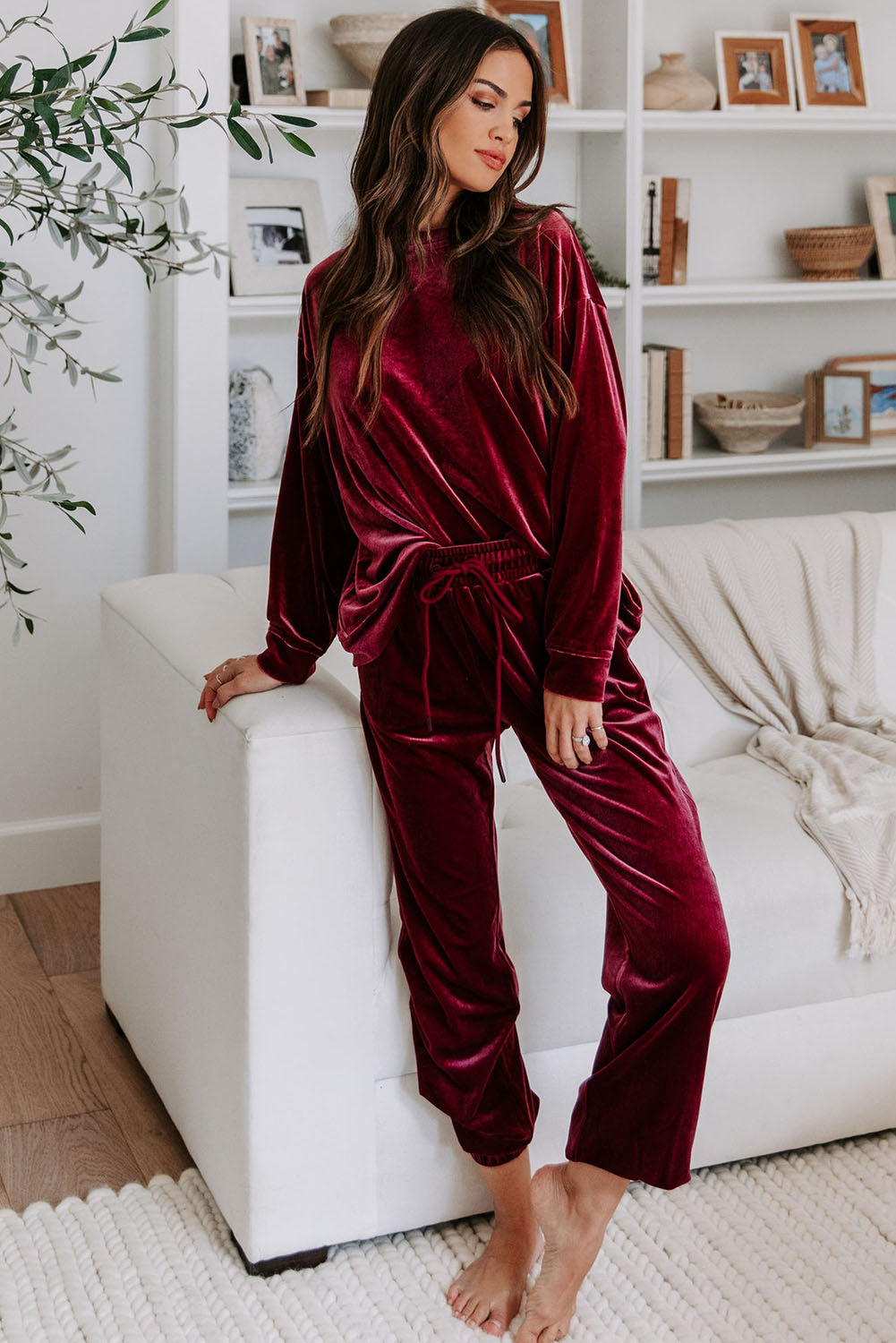 Red Solid Velvet Two Piece Lounge Set