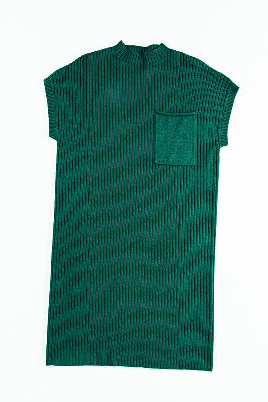 Blackish Green Patch Pocket Ribbed Knit Short Sleeve Sweater Dress