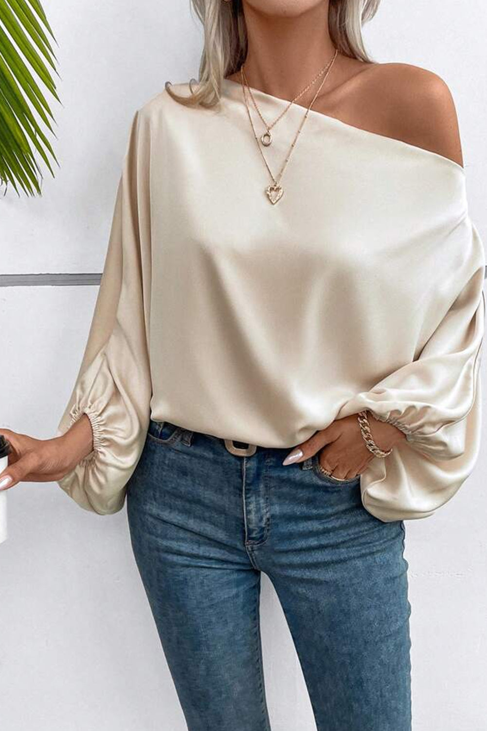 Asymmetrical Neck Balloon Sleeve Satin Blouse