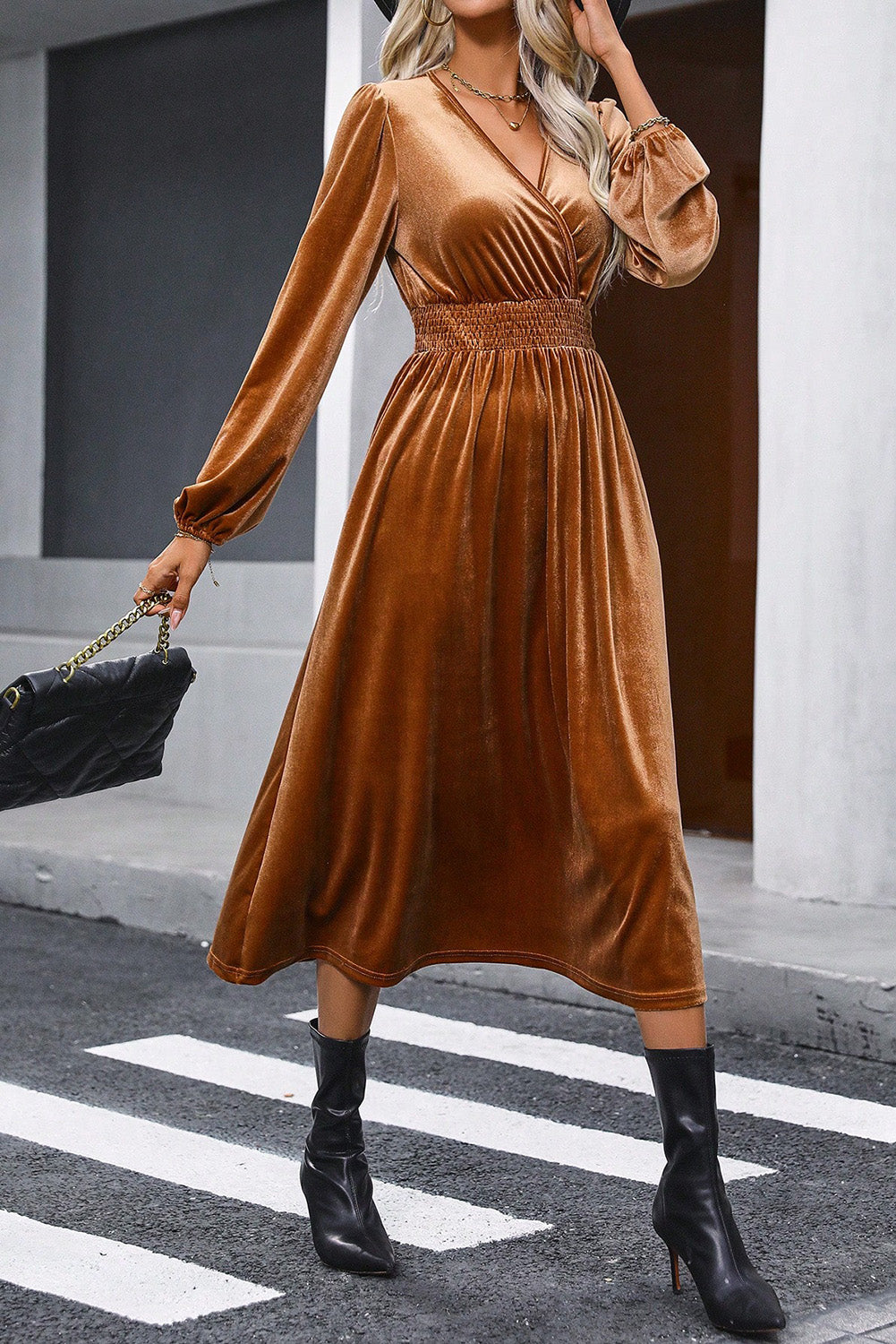 Camel Wrap V Neck High Waist Velvet Midi Dress